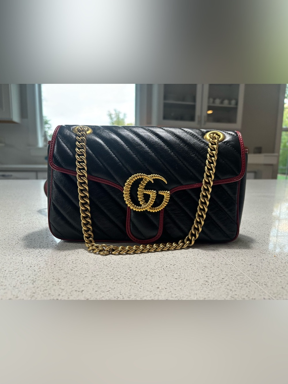 Gucci Marmont Quilted Leather Shoulder Bag size Small - Black with Red Trim